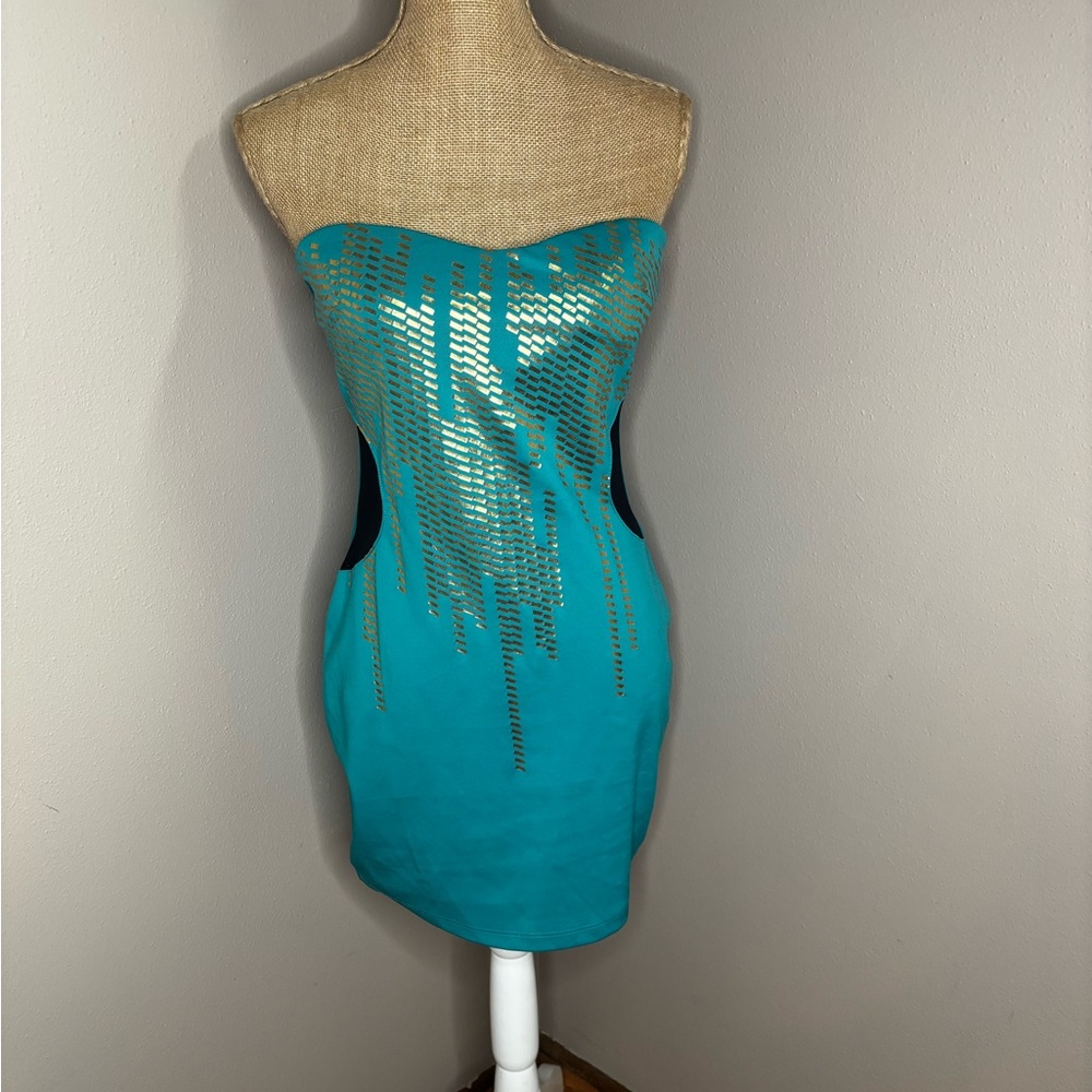 Vintage Charlotte Russe Strapless Teal Dress Size L Gold Accents Side Cut Outs